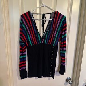 Vintage Forever 21 Black Multicolor Striped V-Neck Blouse
